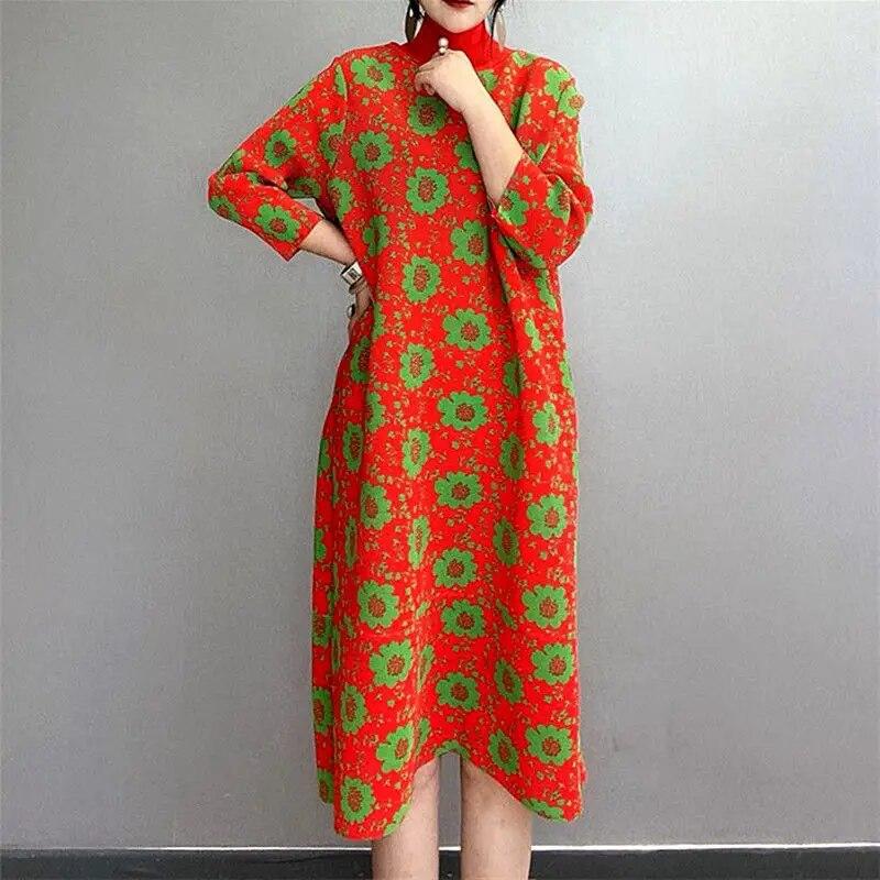 Frauen Kleid Retro Floral Plissee Kleid Im Herbst Lose Langarm Kleid O-ansatz Casual Medium Und Lange Basis Rock