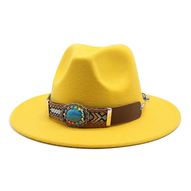Ethnic Style Flat-Brimmed Big-Eave Hat Straight-Brimmed Jazz Hat Woolen Top Hat