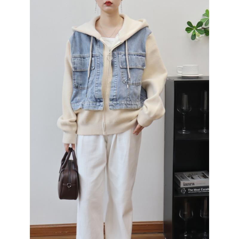 

Осень и зима новый кардиган на молнии с капюшоном, комбинированный деним и трикотаж, двусторонний, свободный, повседневный, куртка-свитер женская One Size абрикосовый