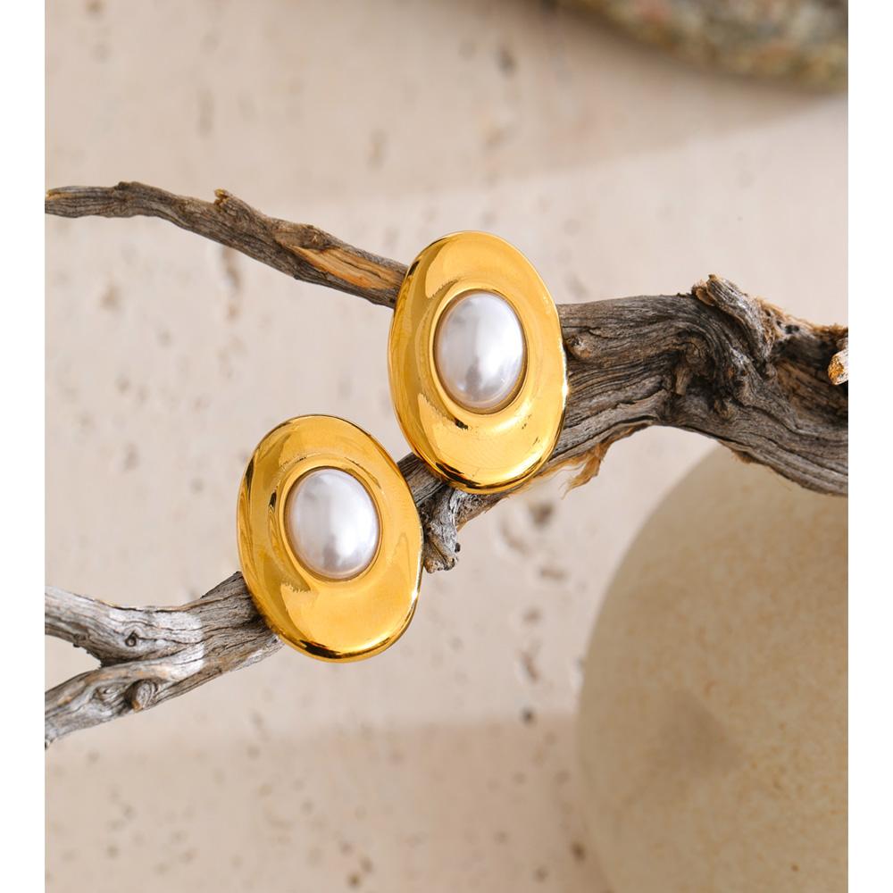 Yhpup Elegance Simulated Pearls Oval Stud Earrings for Women Gold Color Stainless Steel Trendy Fashion Jewelry Accessories Gift