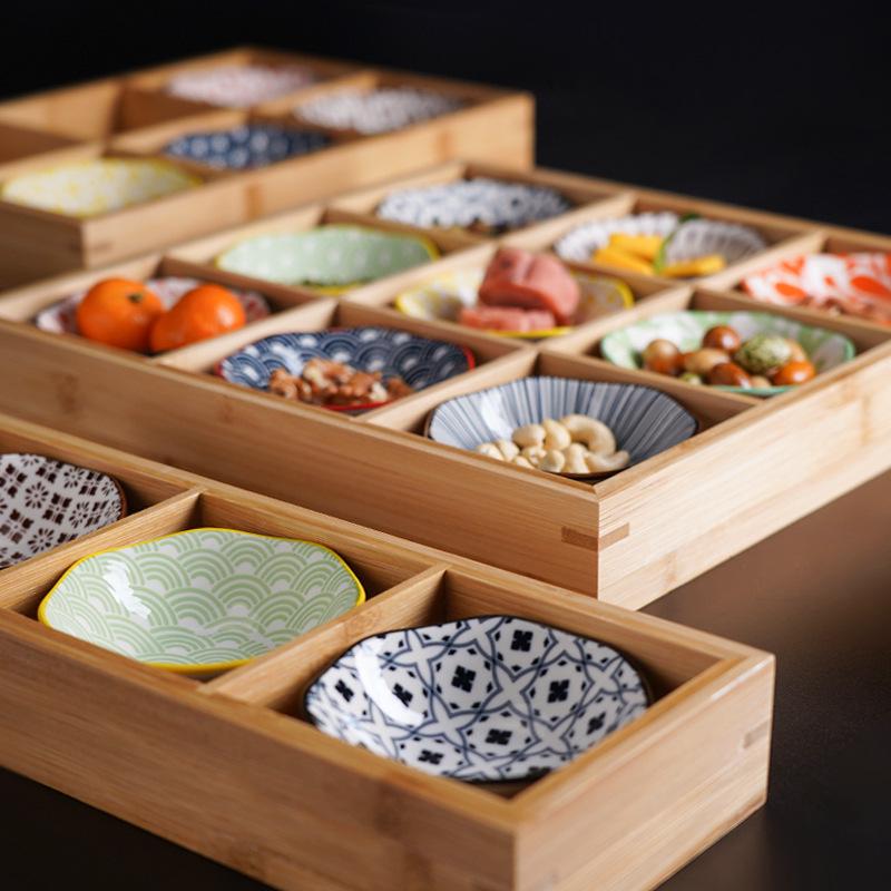 Nine-Compartment Solid Wood & Ceramic Tray for Dried Fruits, Nuts & Tea Snacks - Chinese & Japanese Style.
