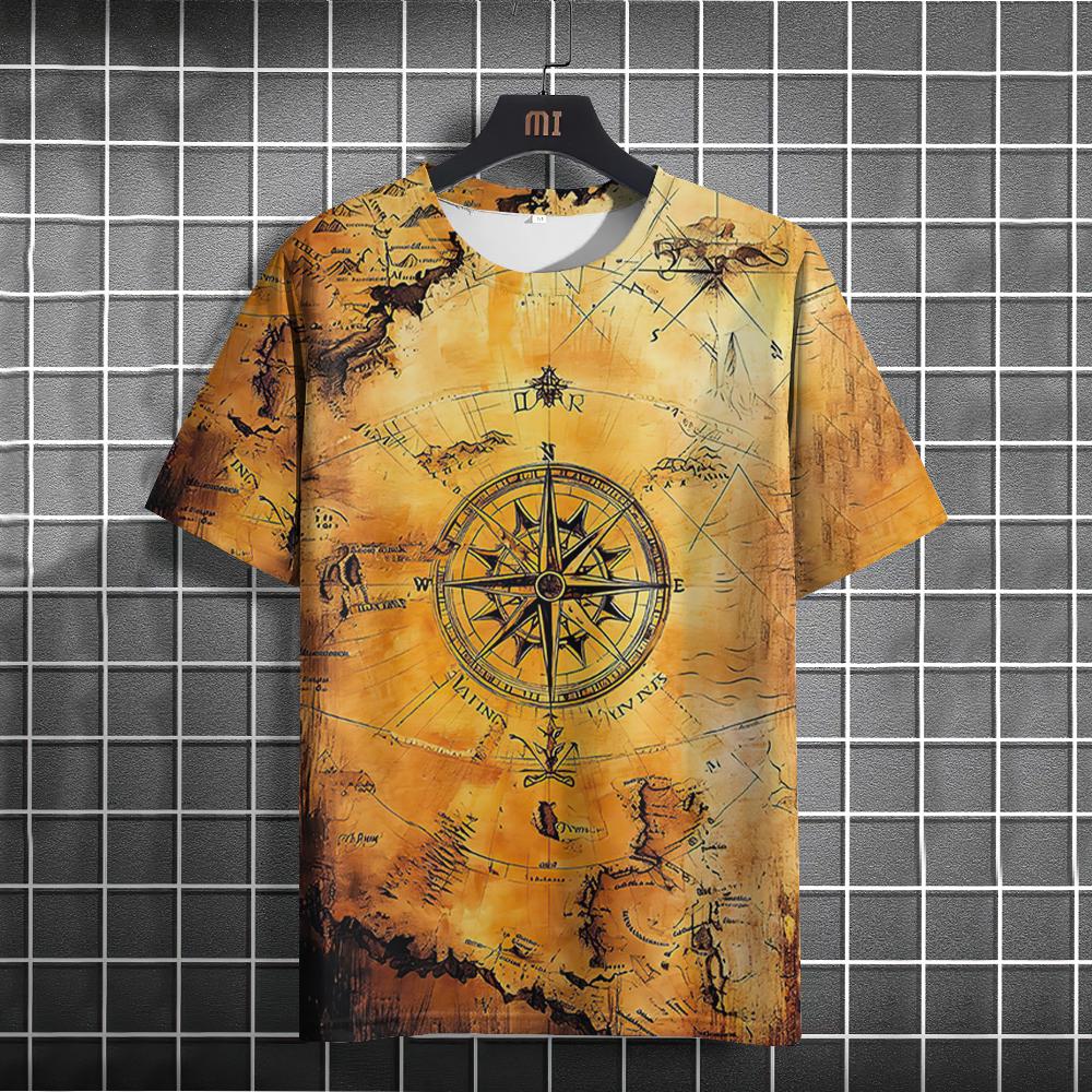 

Винтажная мужская футболка, летняя американская рубашка, топы с принтом компаса, футболки с короткими рукавами, свободная повседневная мужская одежда, повседневная уличная одежда S
