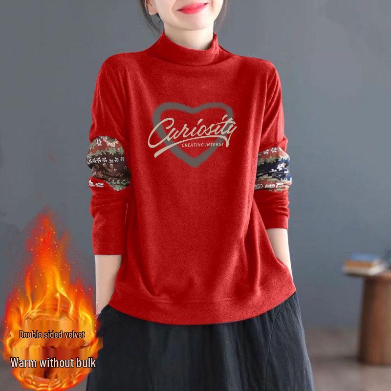 

Retro Ethnic Double-Sided Velvet Warm Long-Sleeve Top with Semi-High Collar 2XL [130-145 jin]