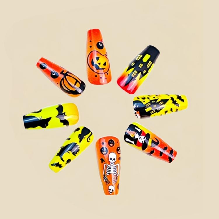 24pc Pumpkin Ghosted Bat False Nail Medium Square Shape ABS Fake Nail Halloween Party Nail Easy Application Design