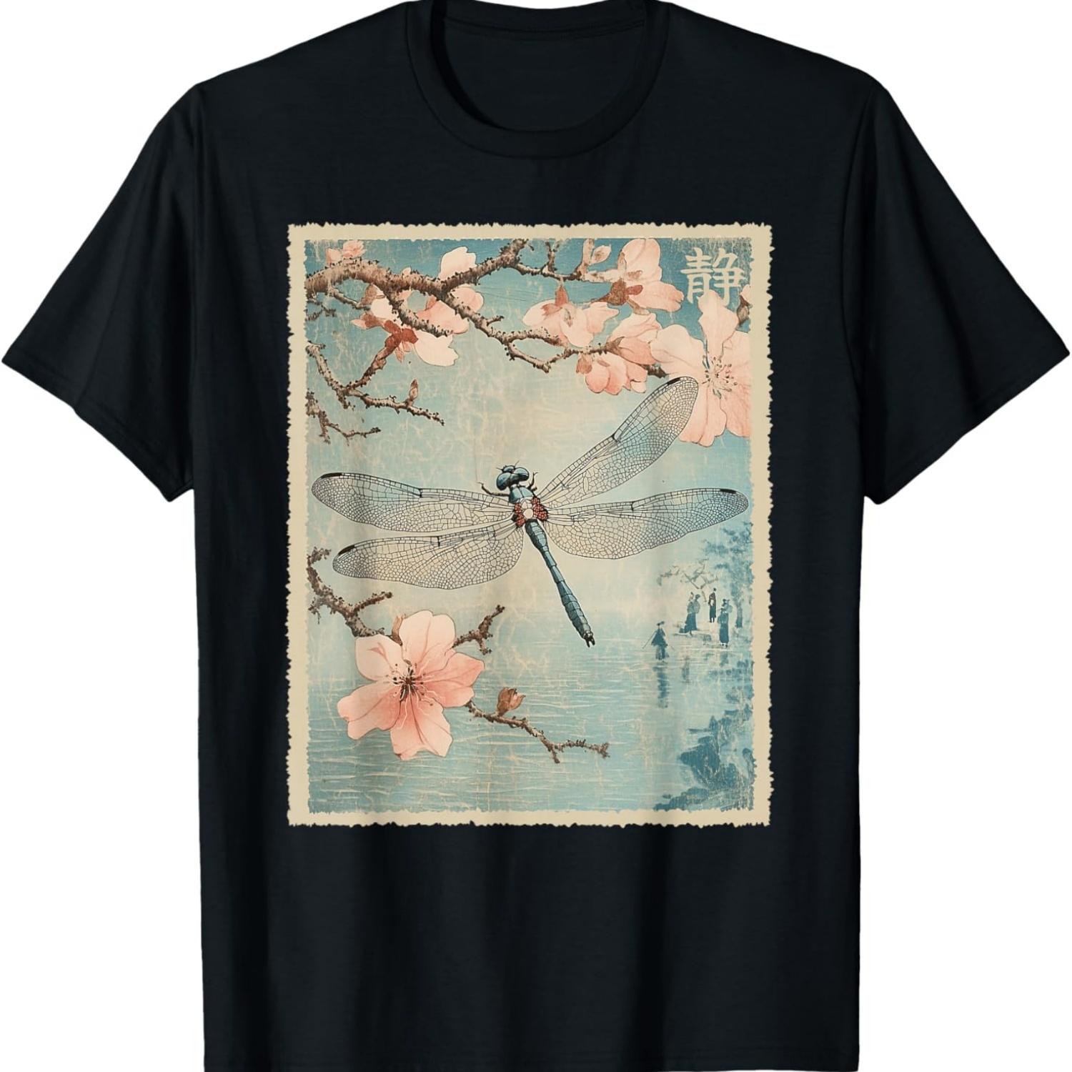 Dragonfly and Cherry Blossom Vintage  Nature Art T-Shirt S чёрный