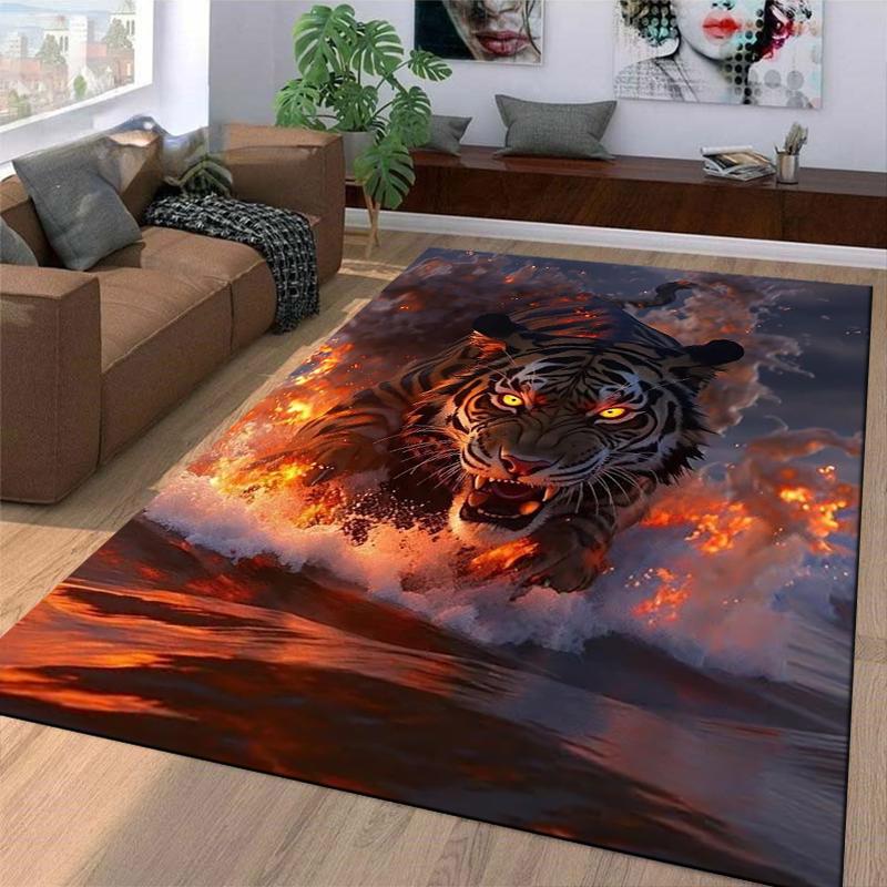 Fierce Tiger Design Carpet with Fire and Water Elements, Dark Style Suitable for Use As an Anti-slip for Living Room Bedroom Sofas