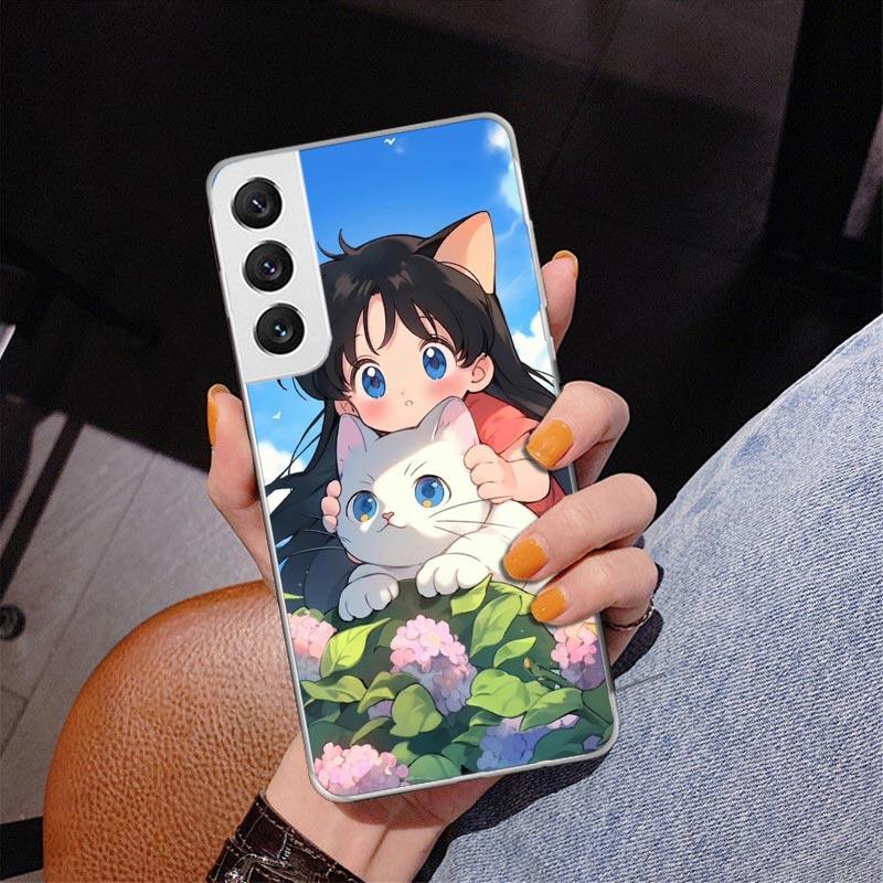 Cute Anime Ins Girls Animal Cat Phone Case For Samsung Galaxy S24 S25 Edge S26 Ultra S23 S22 S21 Plus S20 FE + Personalized Prin