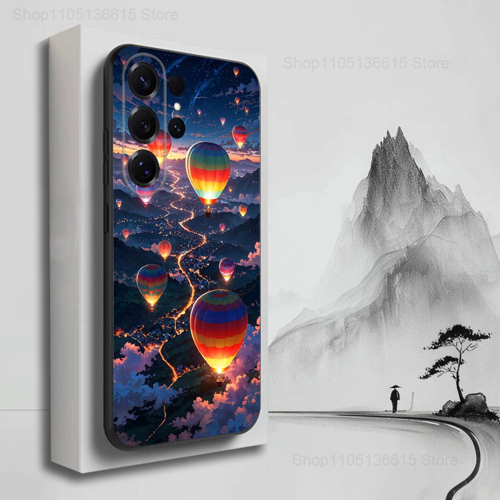 Cute Hot Air Balloon Case For Samsung S21,S20,S10,Plus,S9,S22,S25,Ultra,S24,S23,FE,Lite,Soft Silicone Black
