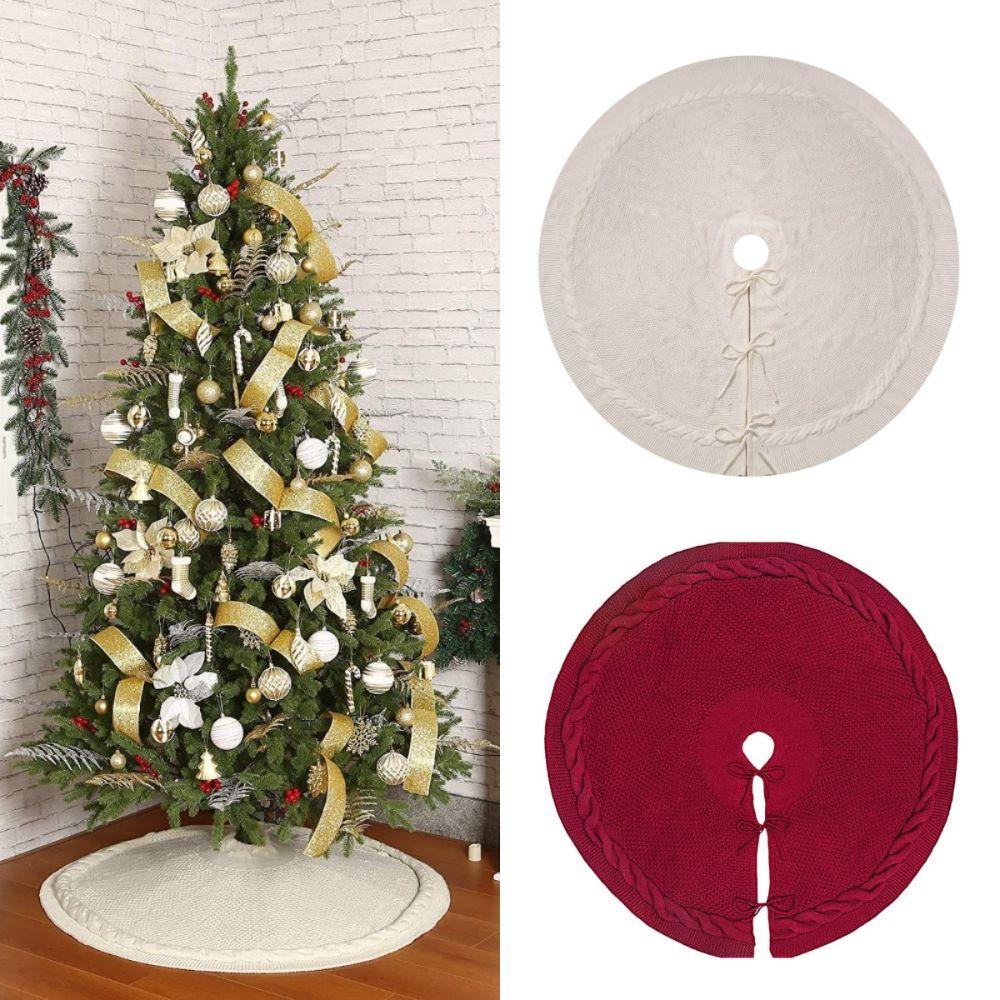 New Cable Knitted Christmas Tree Skirt Red Cream Rustic Xmas Tree Base Cover Home Decorations Round Thicken Christmas Tree Decor