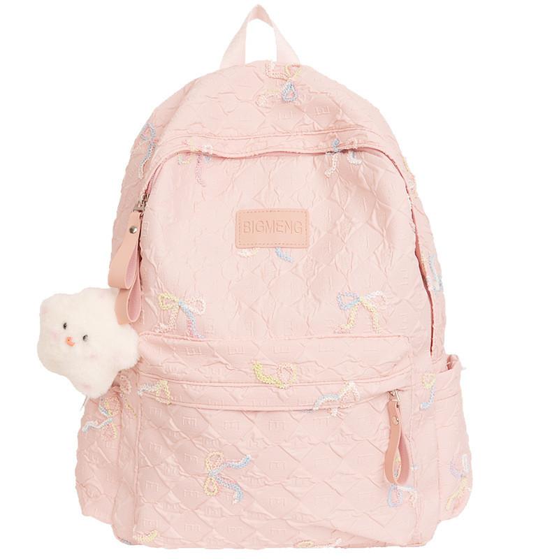 Nylon Minimalist School Backpack With Bow Embroidery Design For Teens Daily