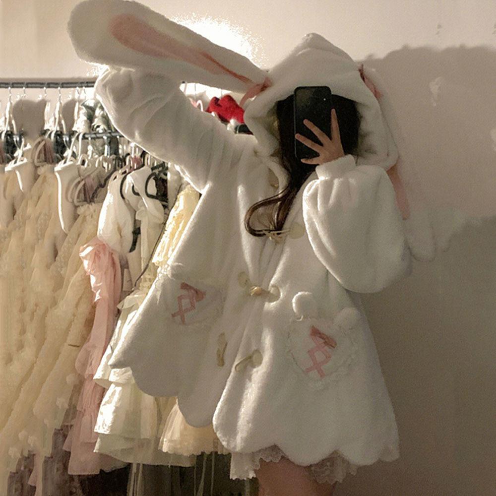 Autumn Winter Sweet Cute Warm Color Block Faux Fur Coat Hoodie Women with Bear Ears Fluffy Jacket