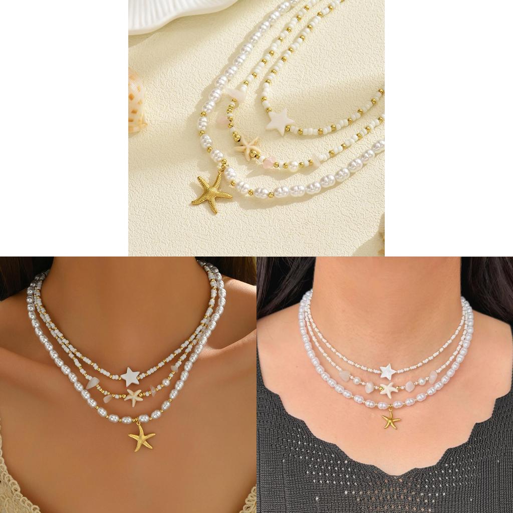 Star Pearl Pendant Necklace With Multi Layer Chain For Women And Men