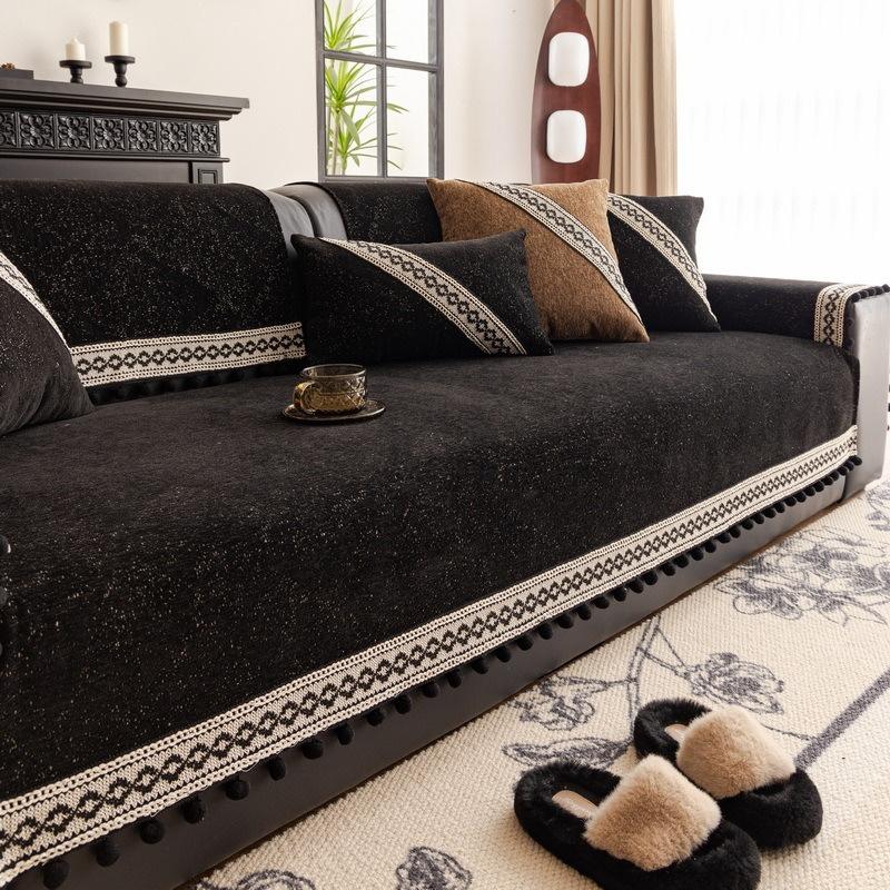 Chenille Sofa Cover with Tassels Four Seasons Universal Sofa Mat Solid Color Anti-Slip Couch Cushion Towel for Living Room