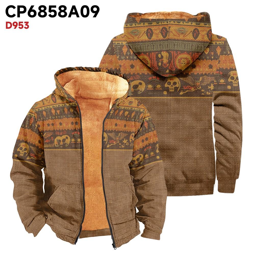 Men's Print Long Sleeve Pocket Coat Fashion Plus Velvet Overcoat