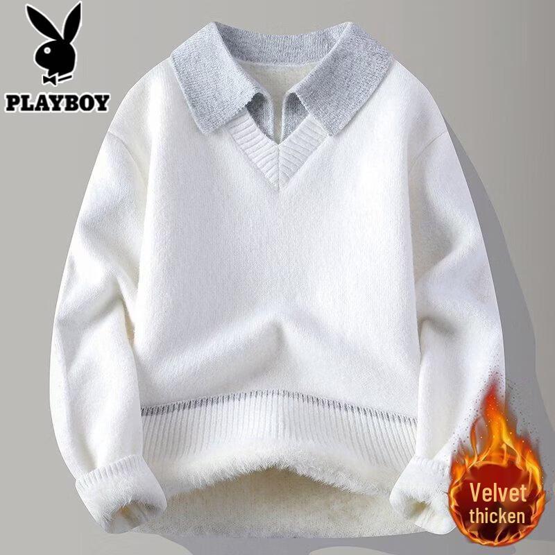 PLAYBOY Men's Fleece Lined Shirt Collar Sweater