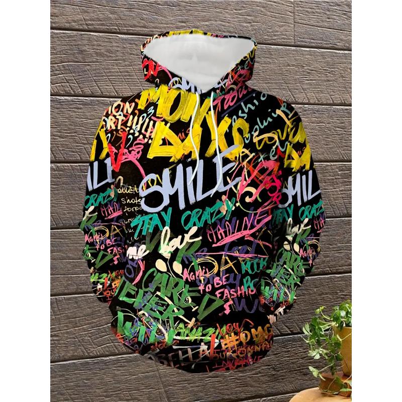 2024 Новая мужская толстовка с капюшоном с принтом граффити и потоком повседневная модная с длинным рукавом спортивная уличная мужская с капюшоном с красочным узором 5XL 1878₽