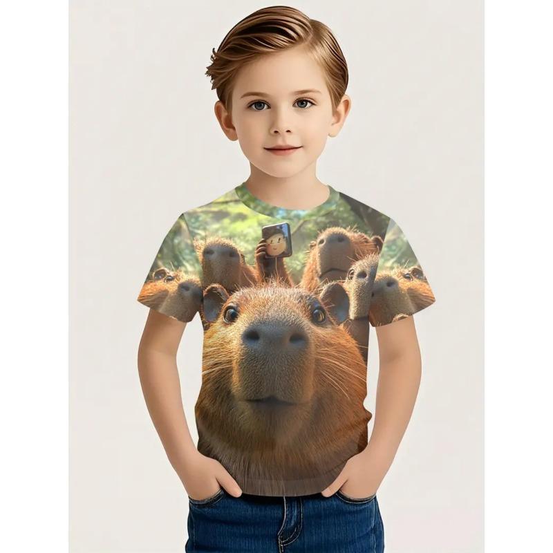 Nowa Koszulka z Krótkim Rękawem ze Zwierzętami Śliczny Nadruk ze Wzorem Kapibary Szybkoschnąca Koszulka z Okrągłym Dekoltem Casualowa Koszulka z Kreskówką dla Dzieci