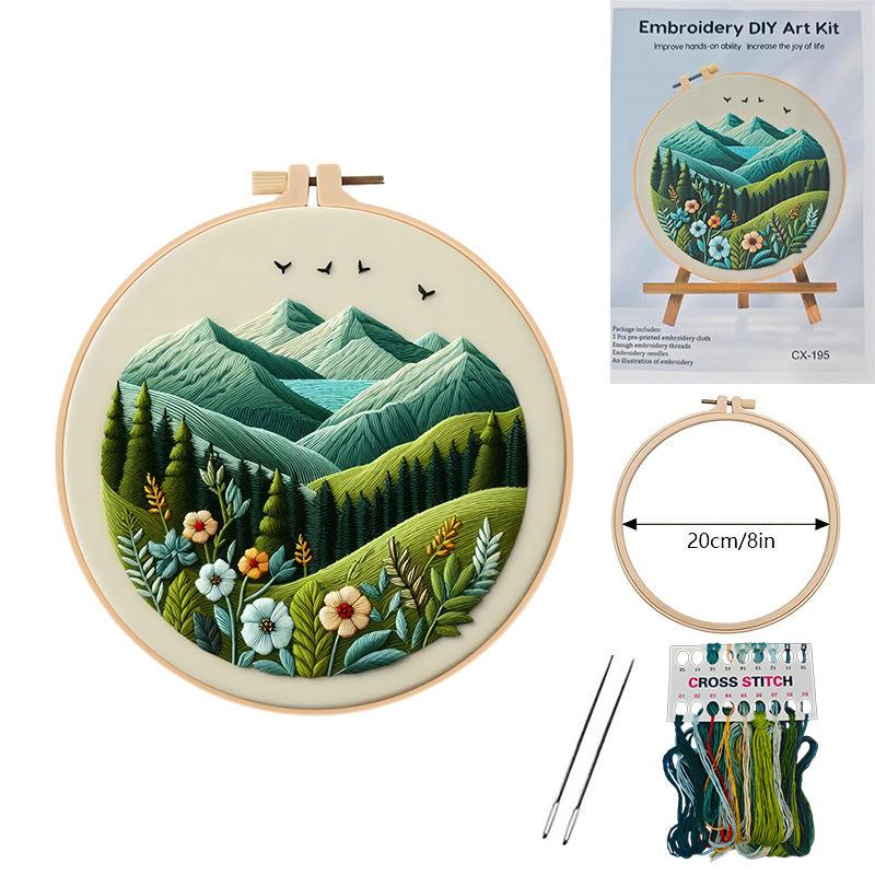 1set Spring/Summer Mountain and Sea Series Embroidery DIY Material Kit, including tools, suitable for beginners. Hand embroidery fabric materials.