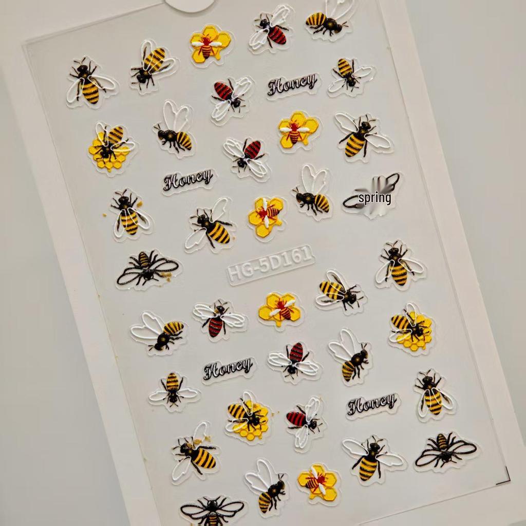 5D Embossed Sunflower Bee Nail Stickers - Three-Dimensional Embroidery Style