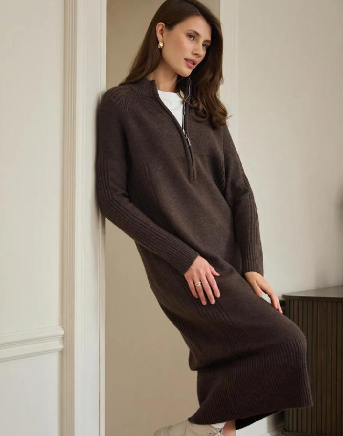 European women's temperament knitted sweater medium and long fashion pullover sweater loose zipper bottoming dress