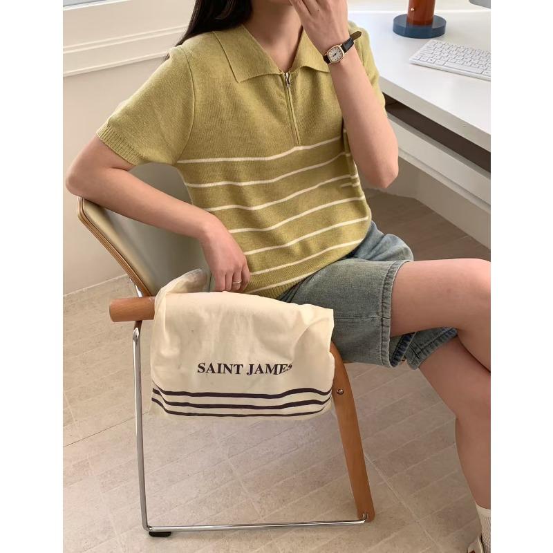 Striped short-sleeved knitted sweater top spring and summer new polo collar half zipper versatile loose and thin T-shirt women