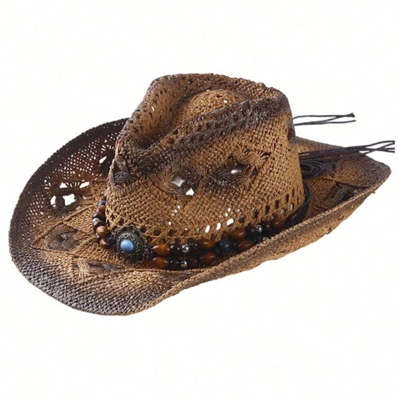 Women S Western Cowboy Straw Hat Beaded Hollow Sun Protection Sunshade