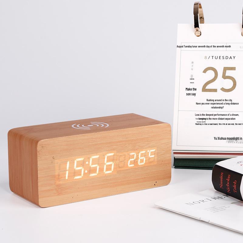 Wireless LED Wood Clock: Digital Alarm with Thermometer, Calendar & Charging Function