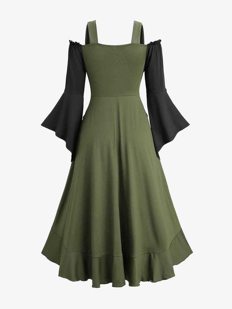 Rosegal Plus Size Lace Up Ruffles Ruched Lettuce Hem Split Flare Sleeve Cold Shoulder 2 In 1 Dress