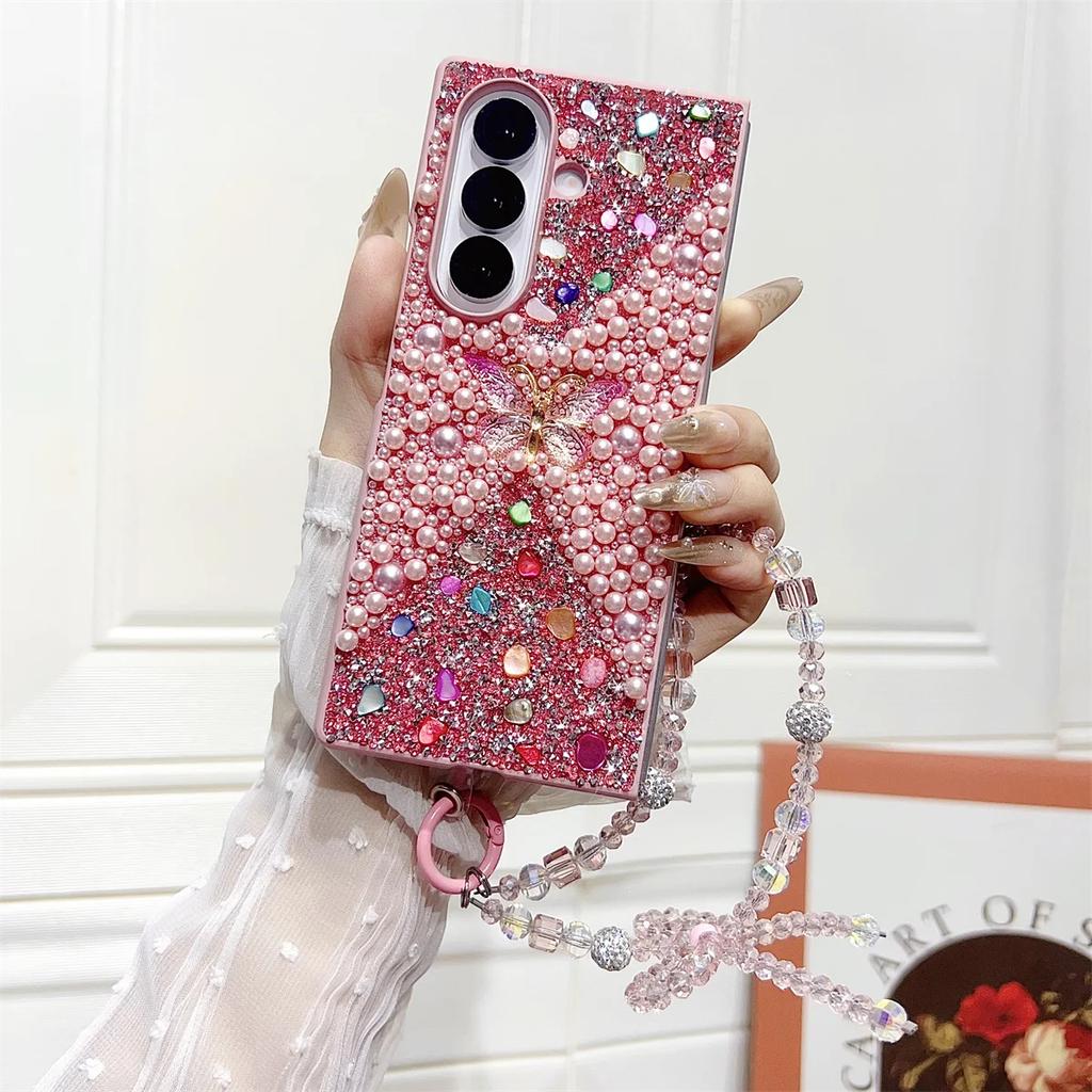 Bling Butterfly Bracelet Chain Phone Case for Samsung Galaxy Z Fold 7 6 5 4 Protective Cover with Strap