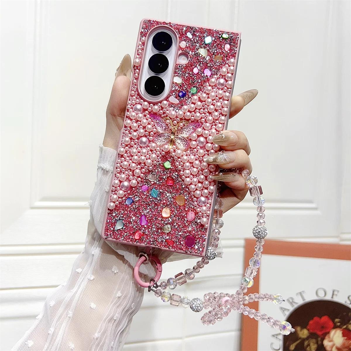 

Bling Butterfly Bracelet Chain Phone Case for Samsung Galaxy Z Fold 7 6 5 4 Protective Cover with Strap Galaxy Z Fold5 рожевий
