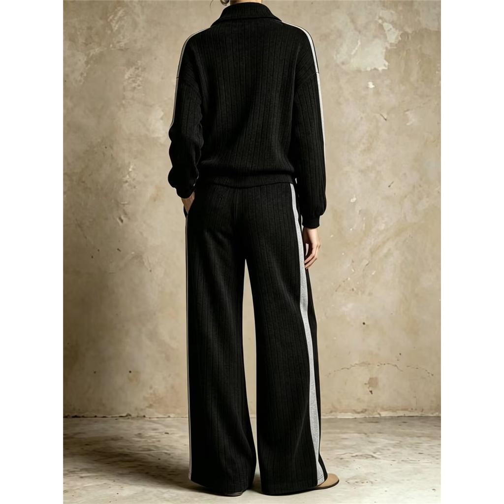 Women Ribbed Knit Two Piece Set Half Zip Collar Long Sleeve Top And Wide Leg Pants Casual Knitted Tracksuit Ladies Outfit