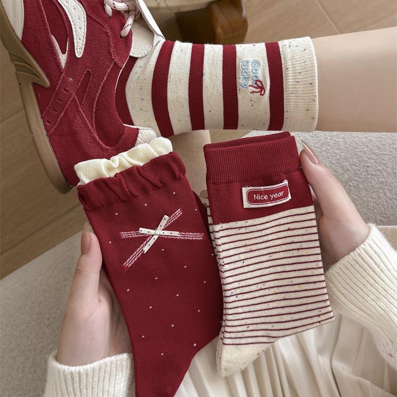 Female Autumn and Winter Striped Cloth Label Bowknot Polka Dot New Year Benming Year Red Tube Pile Socks