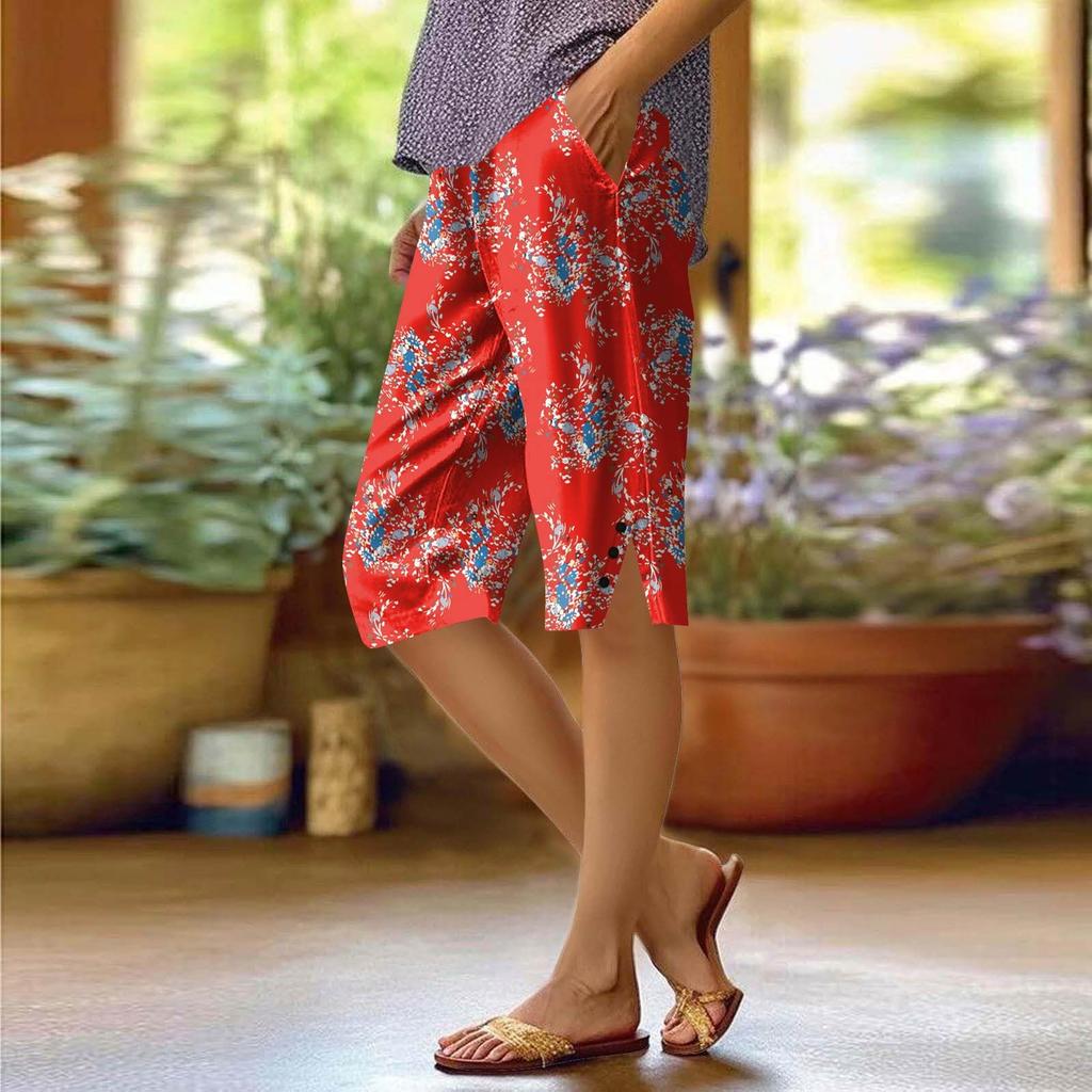 Dámské potištěné kalhoty Módní kapsa Elastický pas Ležérní šortky