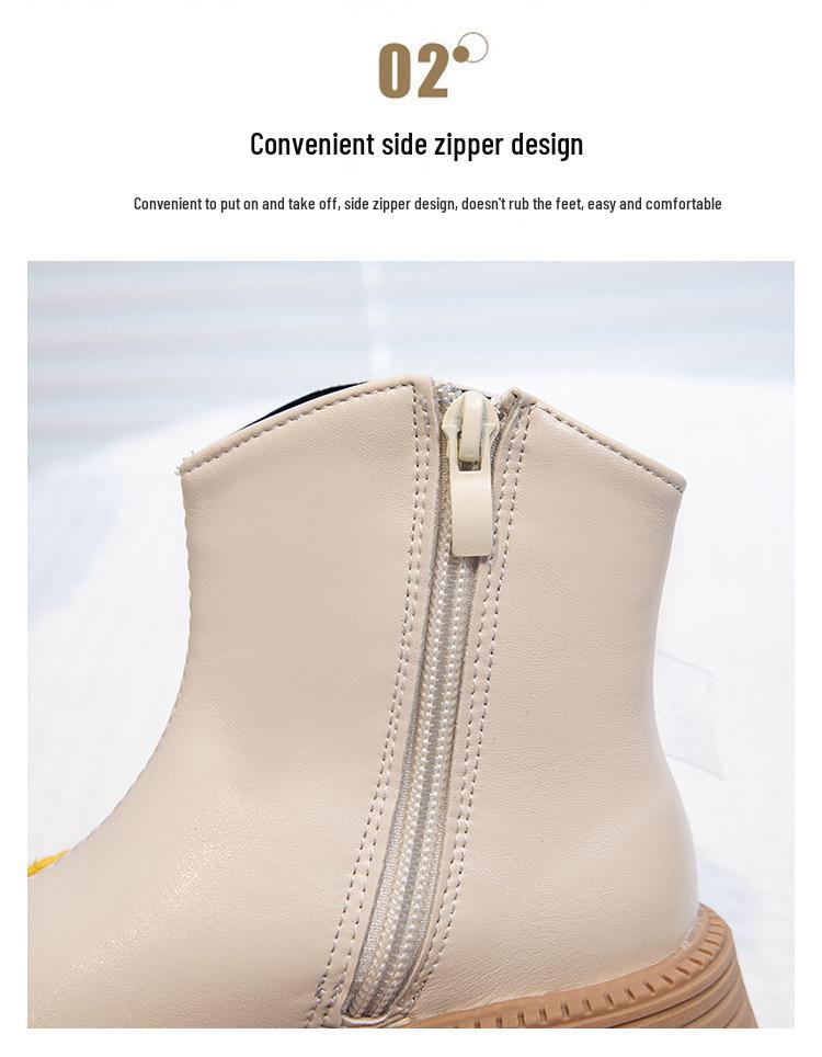 Beige Princess Ankle Boots for Girls - Soft Sole Leather, Non-Slip, 2025 New Style