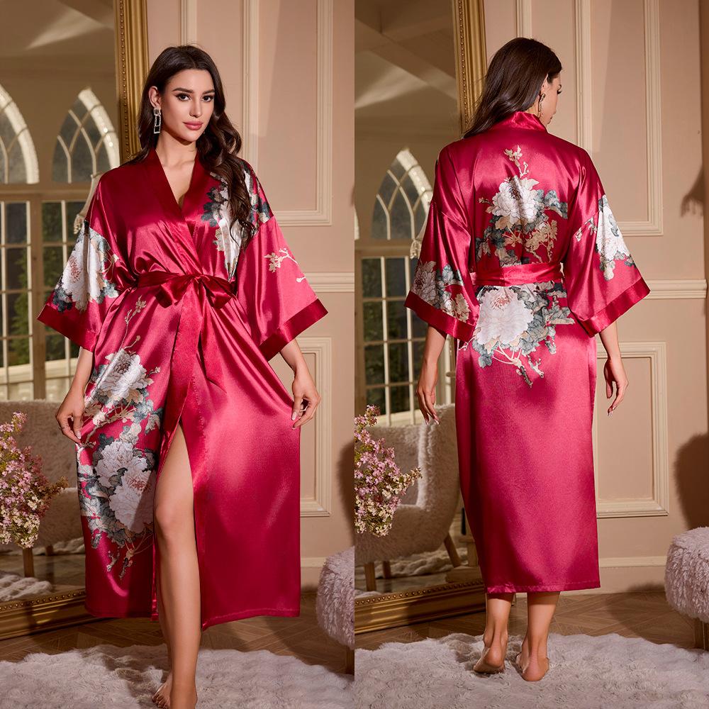 Female Long Robe Loungewear Elegant Chinese Style Kimono Bathrobe Gown Negligee New Silky Satin Sleepwear Nightgown Loose Pajama
