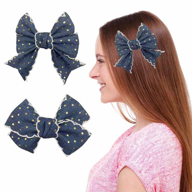 Handmade Retro Denim Blue Polka Dot Bow Hair Clip for Kids