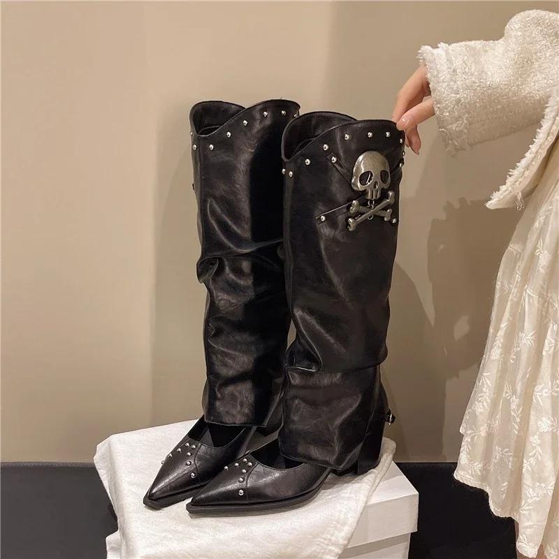 

Мода Американский Деним Винтаж Субкультура Накладка на Ногу Съемный Дизайн Обуви на Каблуке Американская Spice Girl Остроносые Ботинки для Женщин 35 чёрный