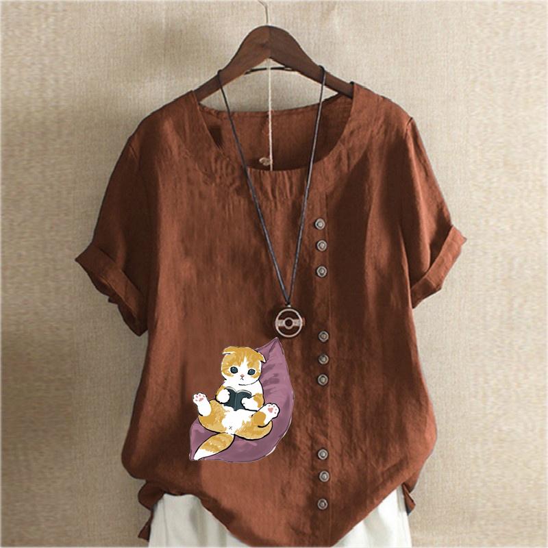 Moda feminina bonito gato impresso manga curta camiseta solta algodão camisa casual solto verão blusa tops plus size