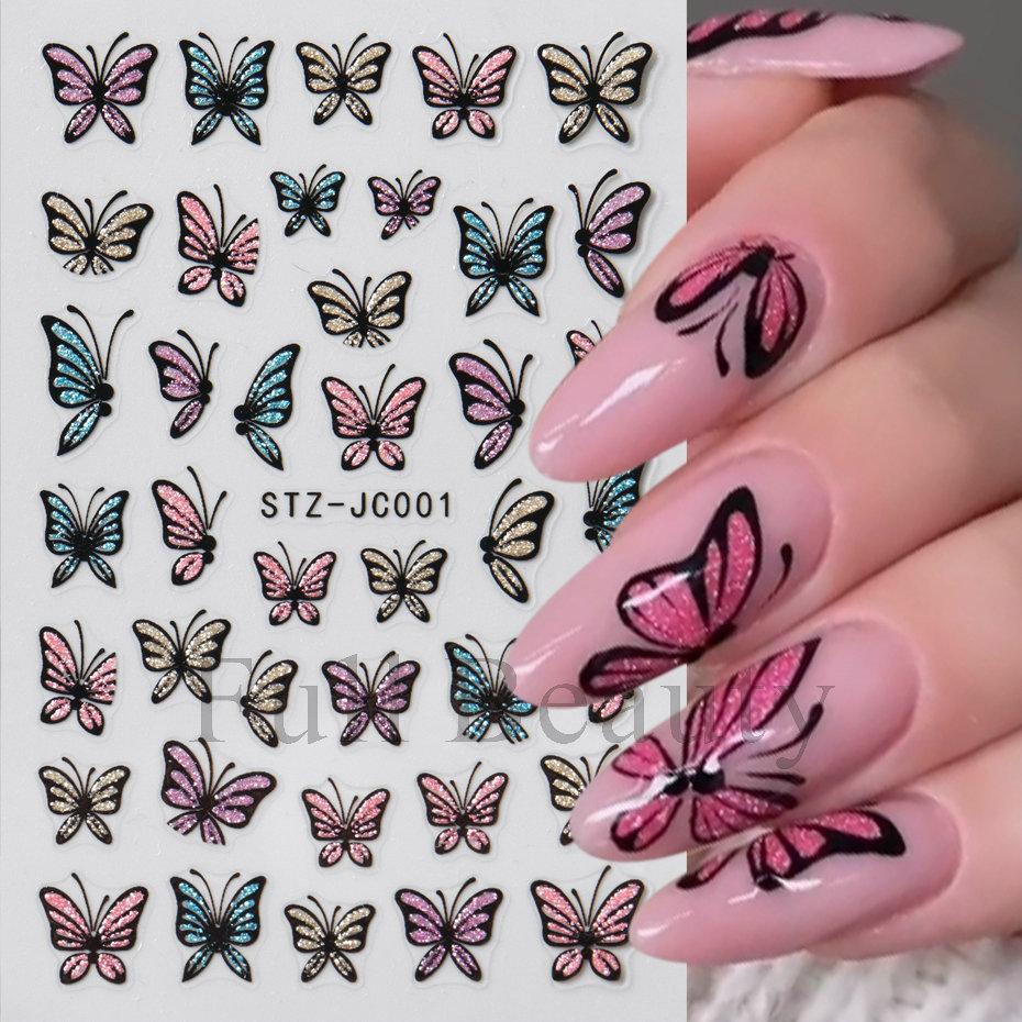 Nail Art Sticker, Pink, Blue, Yellow Glitter, Butterfly Imitation Hand-Painted Lines, Butterfly Nail Sticker.