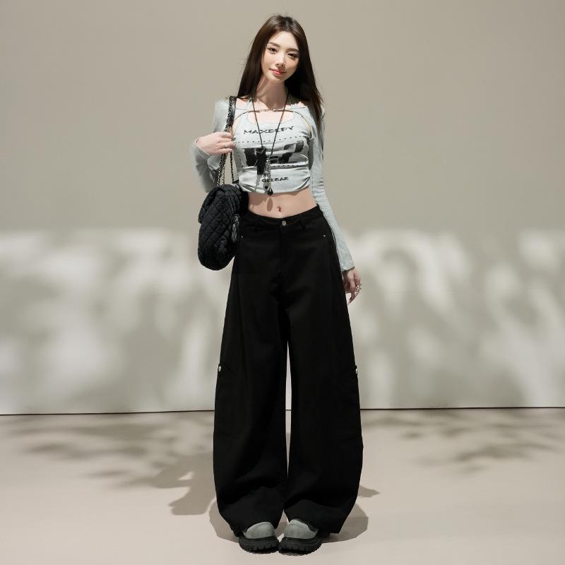 2026 Spring Women s High-Waisted Slimming Cargo Trousers - Loose Wide-Leg Style S