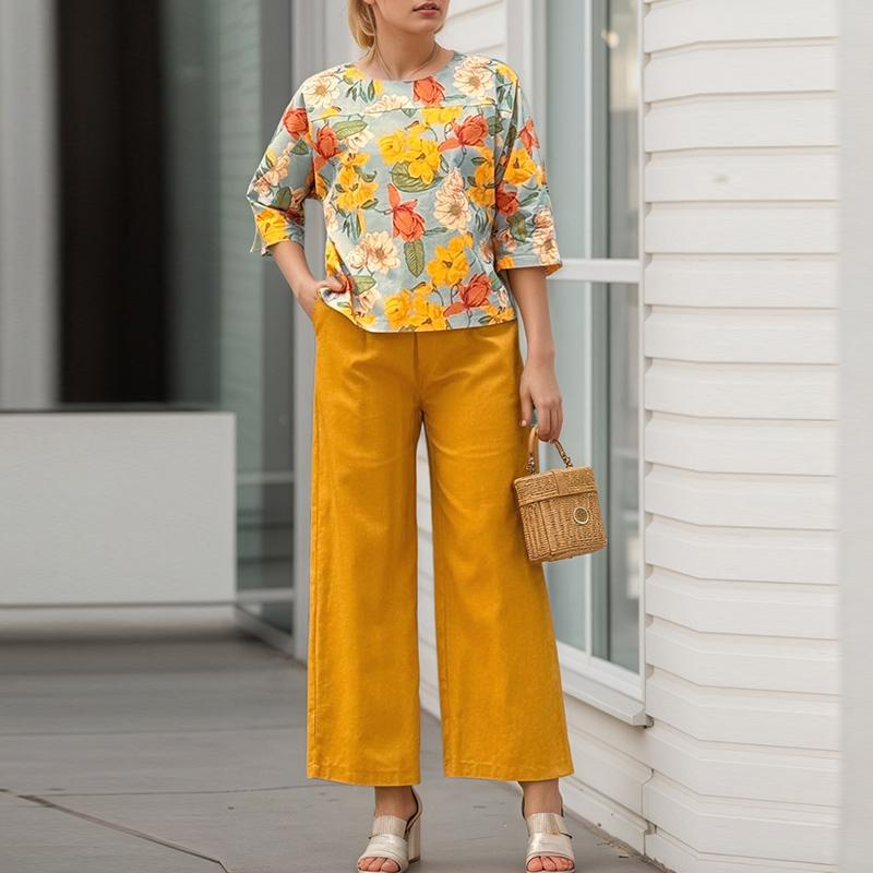 ZANZEA Women 3/4 Sleeve Print Blouse and Pants Casual Two Piece Suit Sets