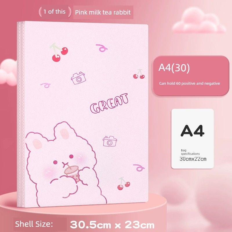 Storage Book Transparent Insert Student Paper Organize Fantastic Cute Multi-Functional Large Capacity Multi-Layer Collection Book Subject Sorting Bag 30 Pages [Pink Milk Tea Rabbit]