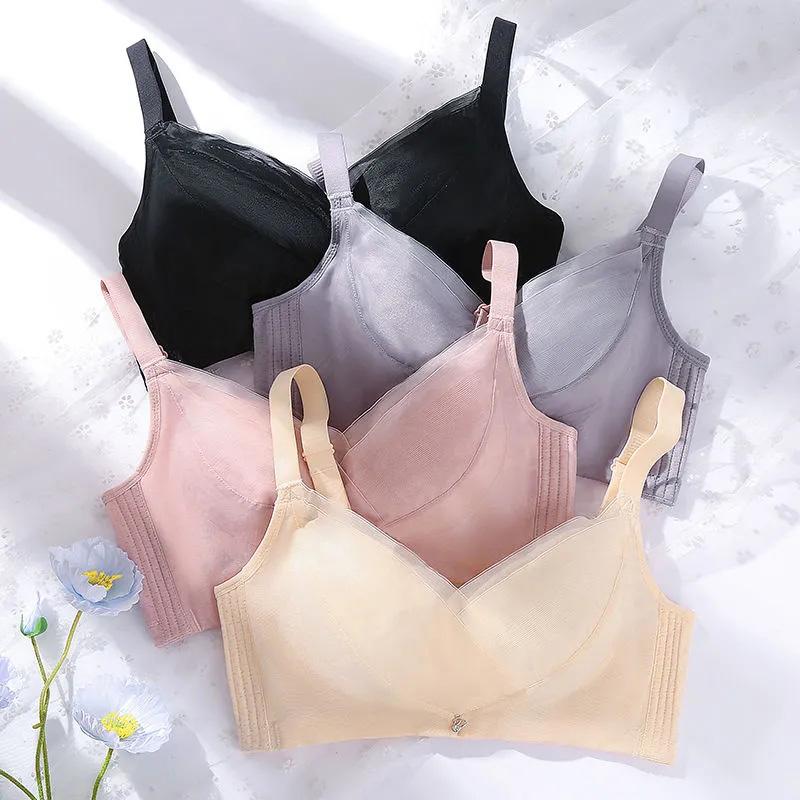 Women's Thin Sexy Bra Lace Mesh Deep V Gather Adjustment Type Underwear Female Large Size Bra Full Cup Thin Underwear Brassiere Without Steel Ring