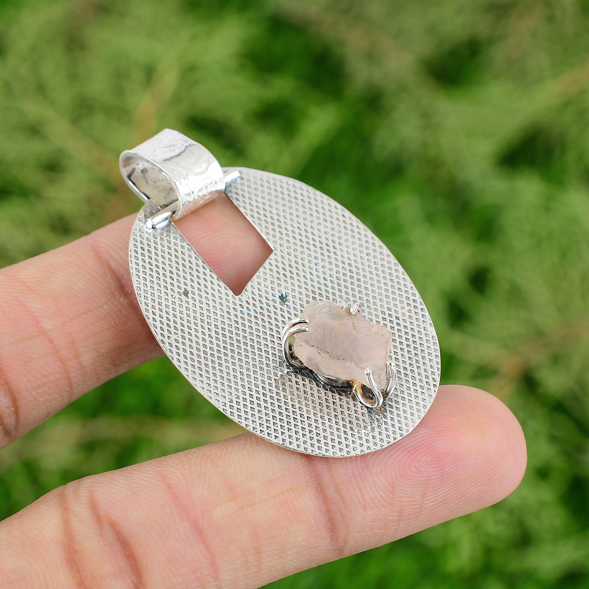 

Octagon Rose Quartz Rough Stone Heart Chakra Boho New Pendant Jewelry 925 Silver