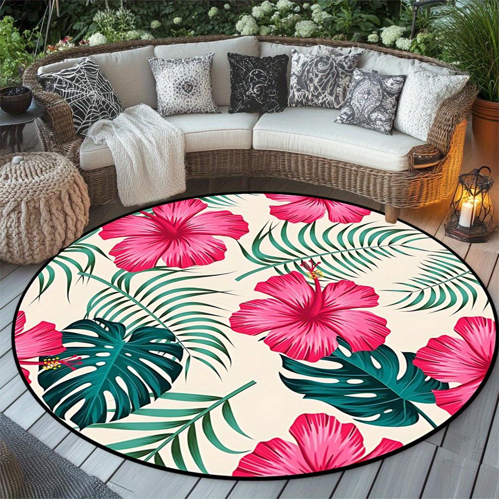 1pc round tropical floral rug, polyester, washable, fade-resistant, machine-made, perfect for living room, dining room, bedroom