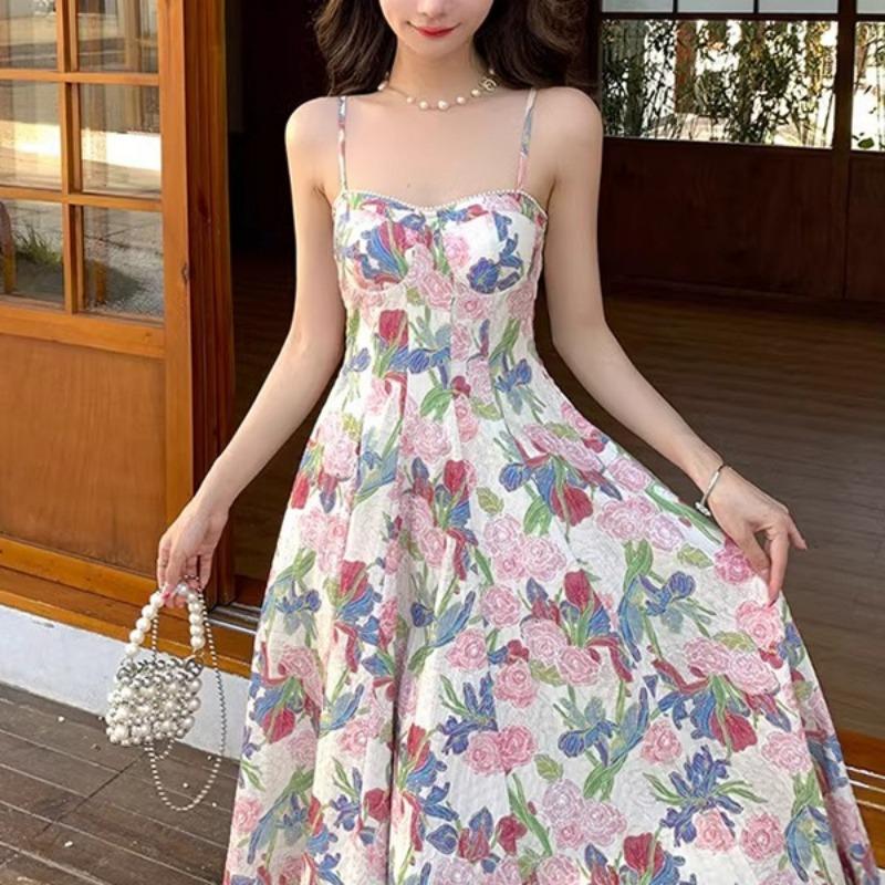 

Женское платье Французское нежное ветровое цветочное платье-халтер Летнее темпераментное высококачественное чувство маленького длинное платье M