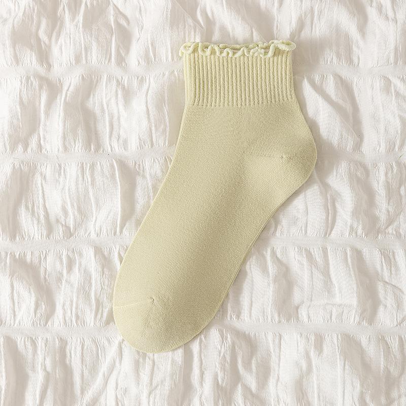 Female Spring and Autumn Sweet Solid Color Wood Ear Lace Medium Tube Cotton Socks