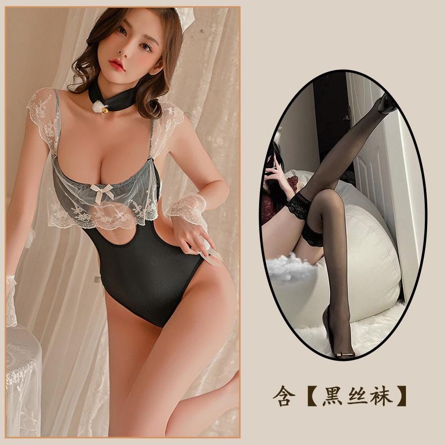 Sexy Lingerie Lace Lotus Leaf Pure Lust Maid Cute Onesie Maid Crotch Passion Uniform Tights