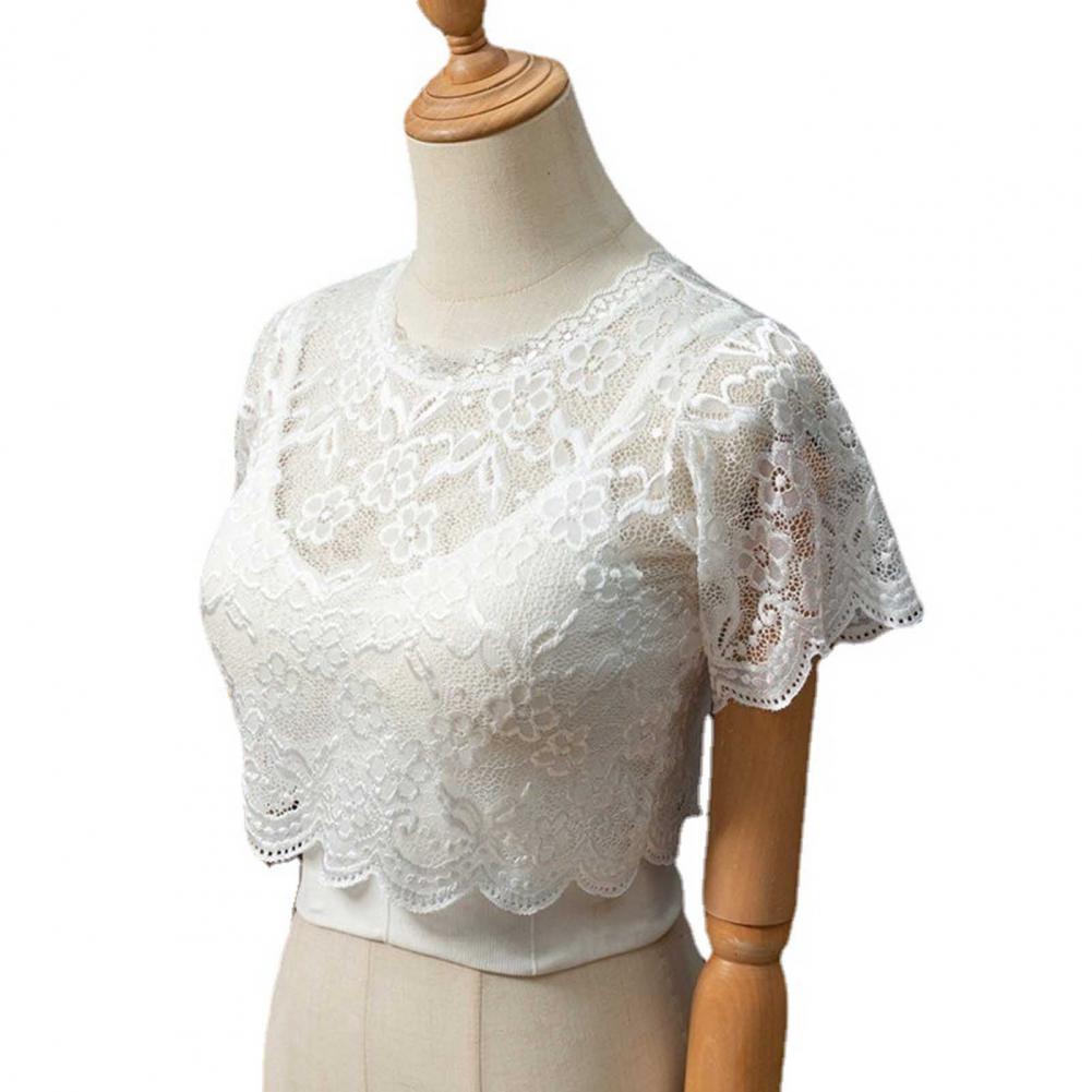 Fake Collar Lady Base Top Female Clothes Lace Solid Color See-through Flower Embroidery Short Sleeves Bottoming Round Neck Quick