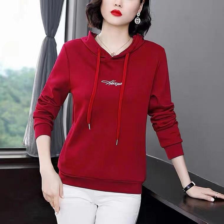

Женская мода повседневная однотонная футболка с капюшоном с принтом, осенняя простая поддельная футболка из двух частей, женская одежда L красный